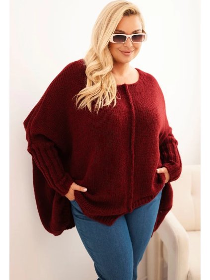 Vínový dámský asymetrický plus size pletený svetr