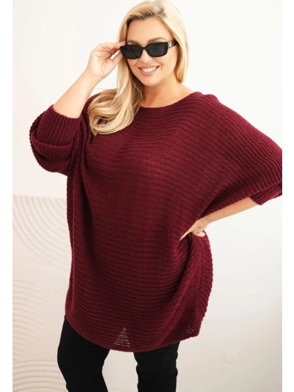Vínový dámský pletený plus size svetr s příměsí mohéru