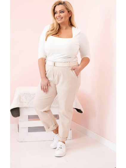 Světle béžové dámské bavlněné plus size kalhoty s páskem