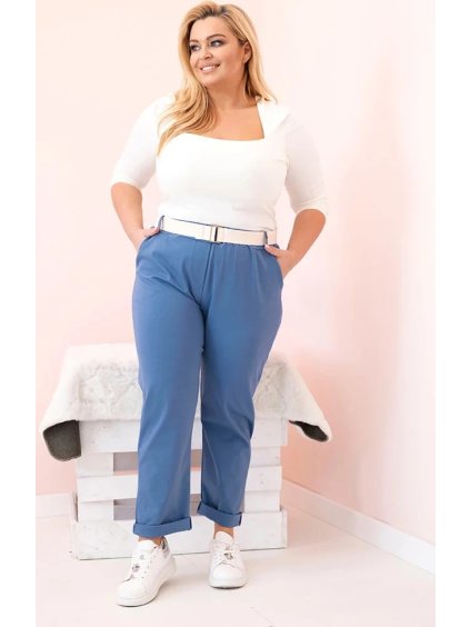 Modré dámské bavlněné plus size kalhoty s páskem