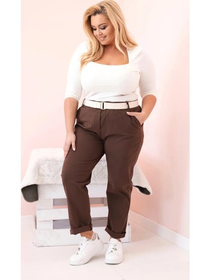 Hnědé dámské bavlněné plus size kalhoty s páskem