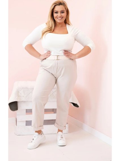 Smetanové dámské bavlněné plus size kalhoty s páskem