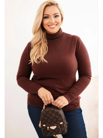 Hnědý dámský plus size svetr klasického střihu z viskózy