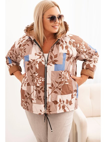 Plus size dámská béžová asymetrická prošívaná bunda s potiskem