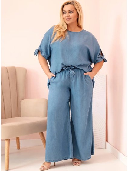 Modrá dámská plus size souprava halenky a širokých kalhot