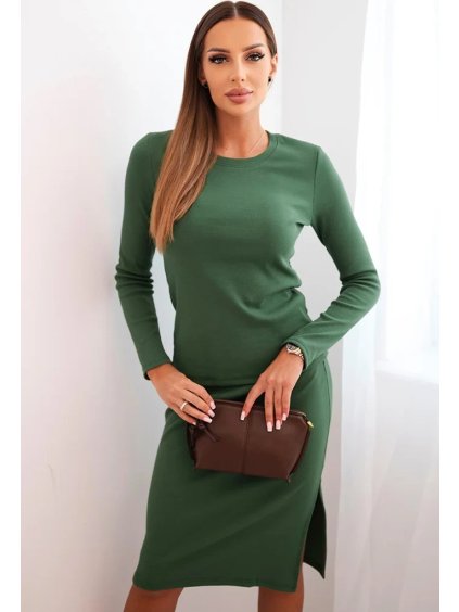 Smaragdový dámský žebrovaný komplet se sukní s rozparkem