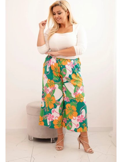 Oranžové dámské plus size kalhoty z viskózy s květinovým vzorem