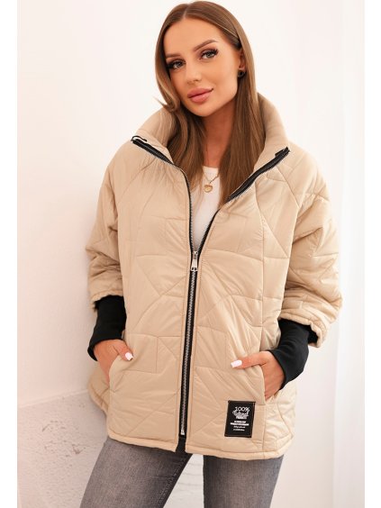 Béžová dámská prošívaná bunda se stojáčkem a elastickými manžetami