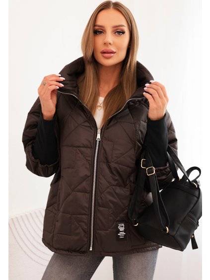 Tmavě hnědá dámská prošívaná bunda se stojáčkem a elastickými manžetami