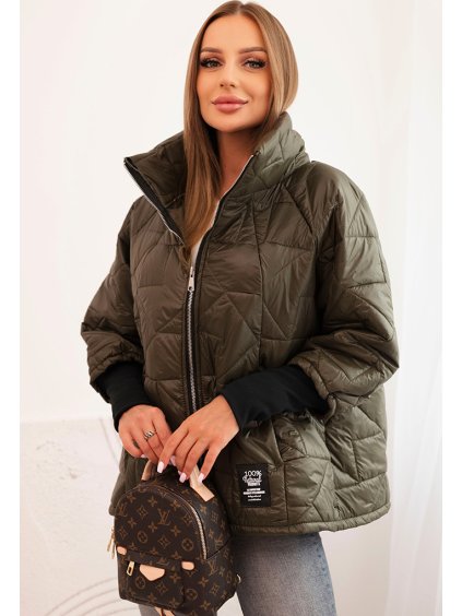 Khaki dámská prošívaná bunda se stojáčkem a elastickými manžetami