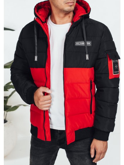 Černo-červená pánská zimní prošívaná bunda s kapucí