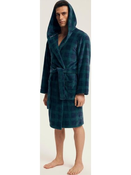 Henderson Tmavě modrý pánský károvaný župan Nickel s kapucí