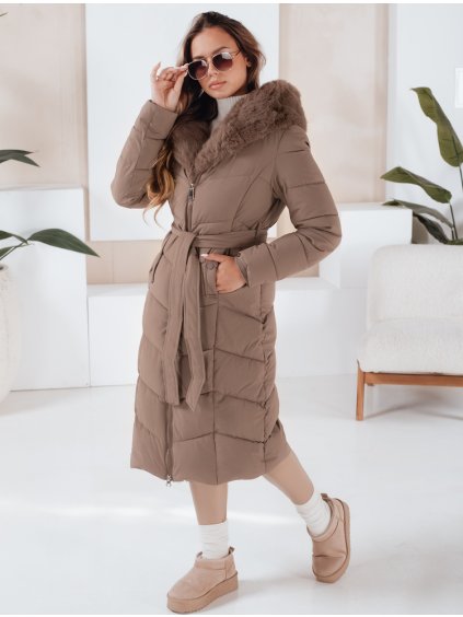Béžový dámský zimní prošívaný kabát s výrazným kožešinovým lemováním