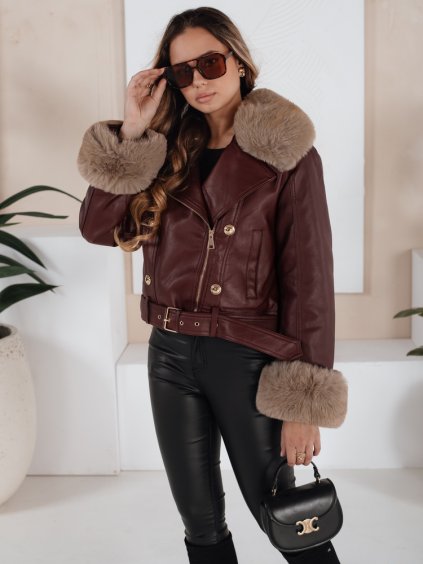 Vínová dámská koženková bunda s kožíškem