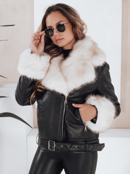 Černá dámská koženková bunda s kožešinou a páskem