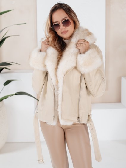Krémová dámská koženková bunda s kožešinou a páskem