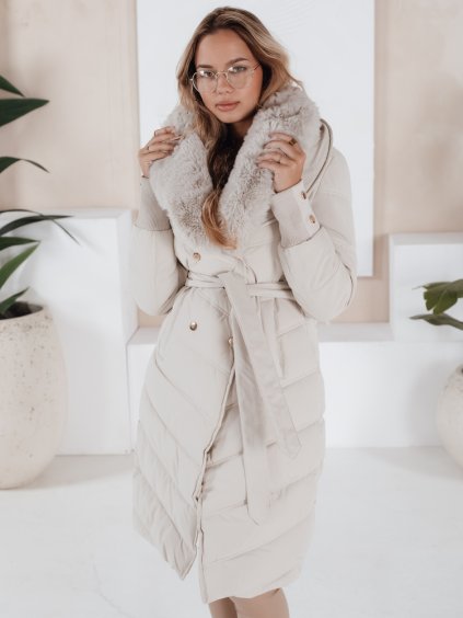 Smetanová dámská prošívaná zimní bunda s kožíškem