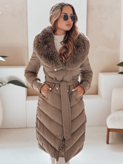 Tmavě béžová dámská prošívaná zimní bunda s kožíškem