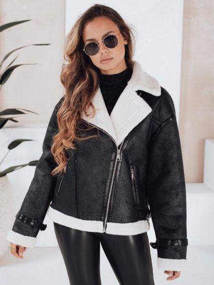 Černá dámská koženková bunda s kožešinou