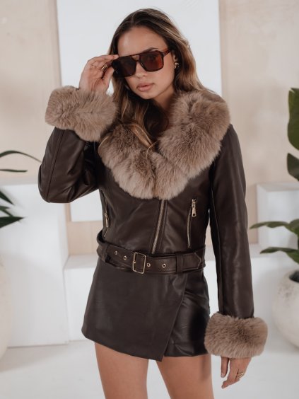 Hnědá dámská koženková bunda s kožešinou