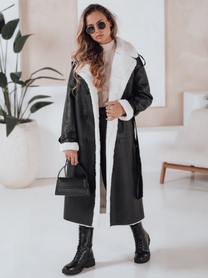 Černý dámský dlouhý koženkový zimní kabát CHICFROST s podšívkou