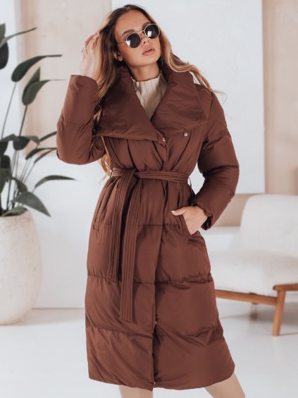 Hnědý dlouhý dámský prošívaný kabát s páskem FAVI