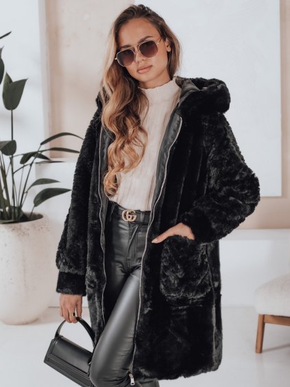 Černý dámský teddy kabát na zip s kapucí MISSFLUFF