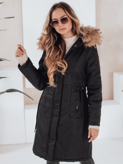 Dámská černá zimní parka s hnědou kožešinou