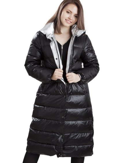 Černý dámský zimní prošívaný kabát se stříbrnými detaily