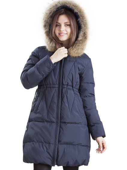 Tmavě modrá dámská prošívaná bunda s kožešinou