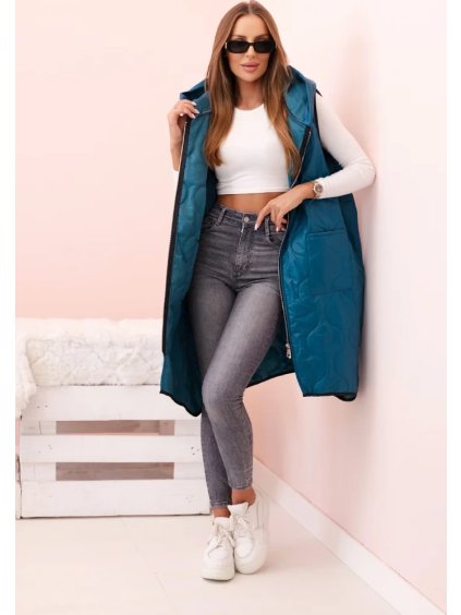 Královsky modrá dámská oversize prošívaná vesta s kapucí na zip