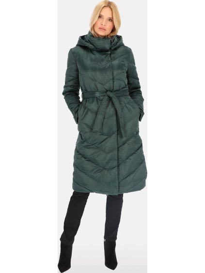 Tmavě zelený dámský zimní prošívaný kabát s vázáním v pase