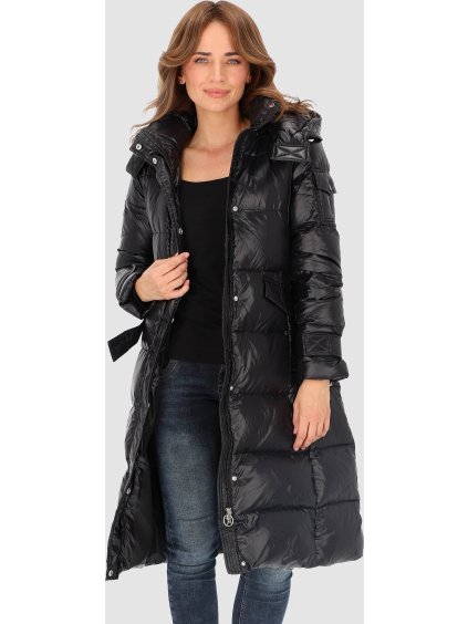 Černý dámský dlouhý péřový kabát s páskem