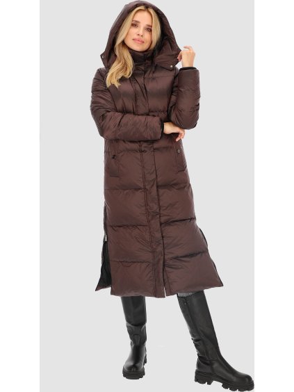 Hnědá dámská dlouhá péřová bunda s bočními rozparky