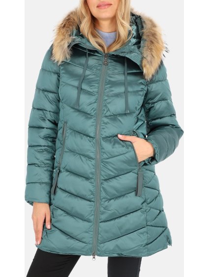 Smaragdová dámská ležérní zimní bunda s kožíškem