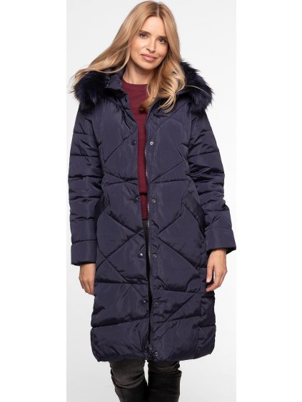 Tmavě modrý dámský dlouhý zimní prošívaný kabát