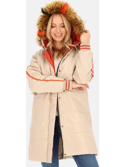 Béžová dámská zimní prošívaná bunda s ozdobnými pruhy
