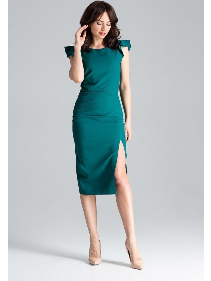 Zelené šaty s rozparkem a volány