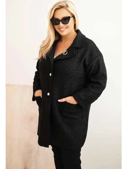 Černý dámský vlněný kabát pro plnoštíhlé