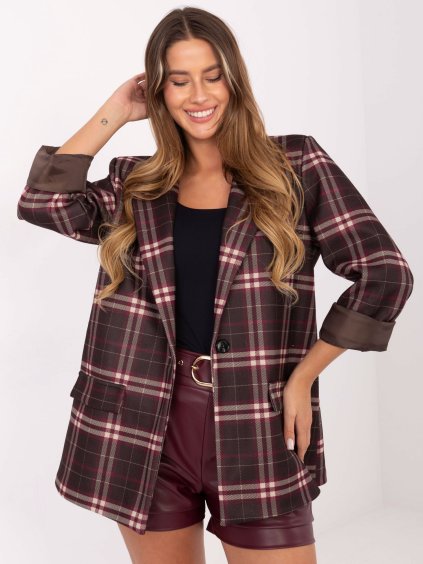 Hnědý dámský viskózový károvaný blejzr s ramenními vycpávkami