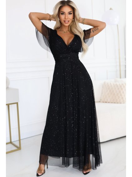Černé dlouhé lesklé šaty MELANIA s výstřihem a krátkým rukávem