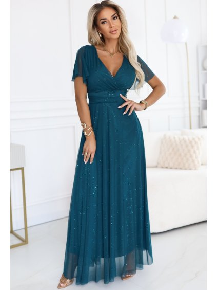 Lahvově zelené dlouhé lesklé šaty MELANIA s výstřihem a krátkým rukávem