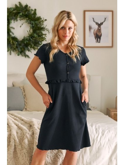 Černá ŽEBROVANÁ BAVLNĚNÁ NOČNÍ KOŠILE S VOLÁNOVÝMI DETAILY