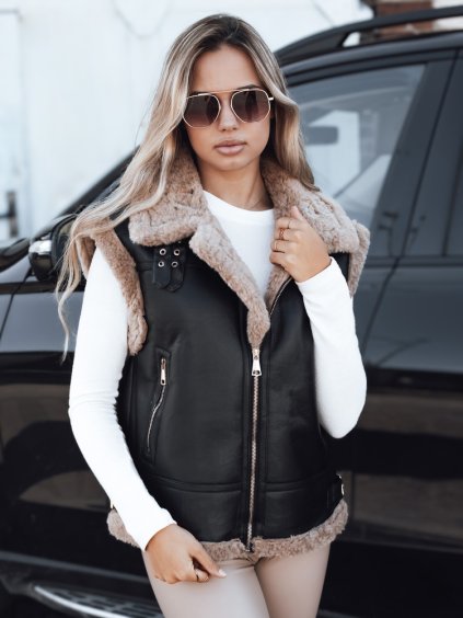 Černá dámská koženková vesta s kožíškem