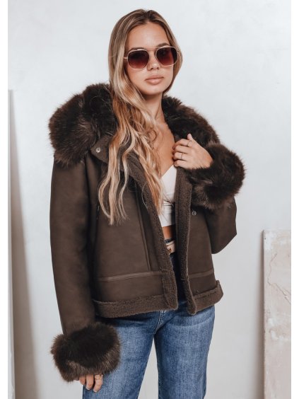 Hnědá dámská koženková bunda s kožíškem