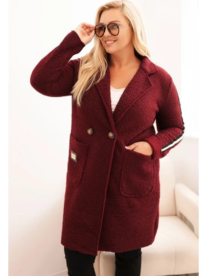Vínový dámský plus size teddy kabát s kapsami