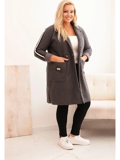 Tmavě šedý dámský plus size teddy kabát s kapsami