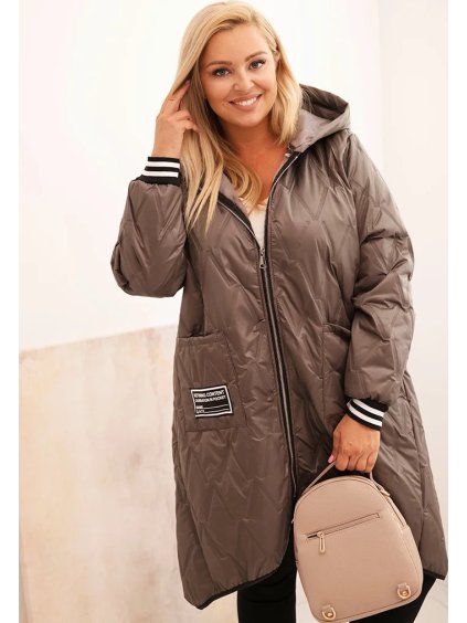 Tmavě béžová dámská plus size prošívaná bunda s kapucí a manžetami
