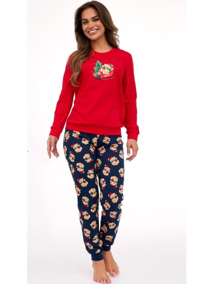 Cornette Červeno-modré dlouhé dámské vánoční pyžamo Teddy