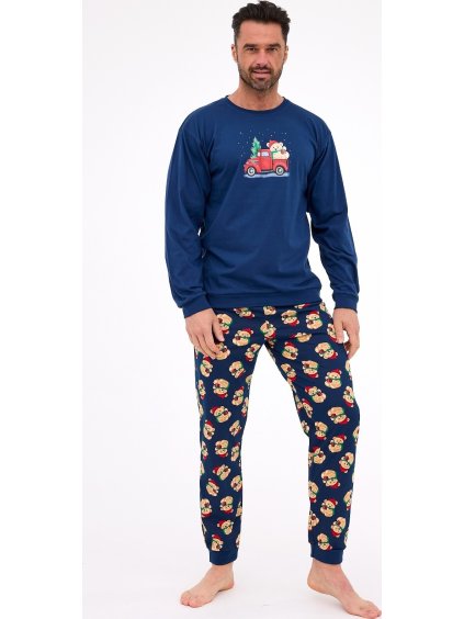 Cornette Tmavě modré dlouhé pánské vánoční pyžamo Teddy
